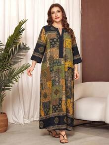 Lacomfia Casual Floral Retro Print 3/4 Sleeve Plus Size Dress, Suitable For All Occasions In Spring And Summer - Multicolor - View 4
