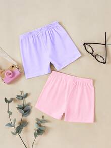 SHEIN Vintaside Kids 2件套少女可爱舒适多色打底裤，适合春夏休闲、运动和休闲穿着，简约舒适白色短裤套装 - 彩色 - 查看 2