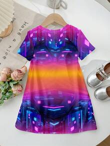 SHEIN Đầm ngắn tay tối giản, họa tiết hoạt hình cô gái K-POP, màu ombre neon rực rỡ, thích hợp mặc hàng ngày, đi chơi hoặc đi nghỉ mát vào mùa xuân/hè. - Nhiều màu - Xem 2
