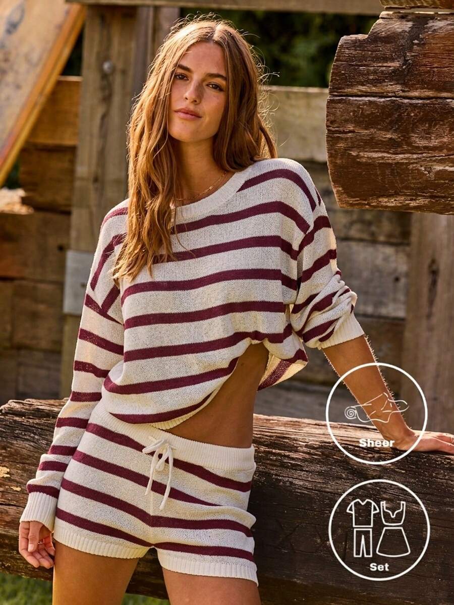 Aralina Bộ đồ hai mảnh dệt kim mùa hè dành cho nữ, gồm áo len dài tay và quần short, chất liệu nhuộm sợi, họa tiết sọc, kiểu dáng dễ thương cho kỳ nghỉ hè, phong cách Y2K Stockholm. - Nhiều màu - Xem 1
