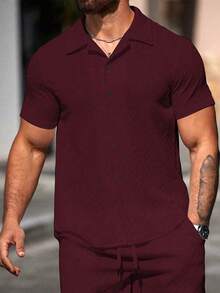 Manfinity Homme Men's Solid Color Front Button Casual Versatile Short Sleeve Shirt, Summer - Burgundy - View 4
