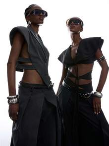 LYSMO Blazer corto de verano sin mangas con cuello de solapa a rayas para mujer - Gris Oscuro - Ver 7