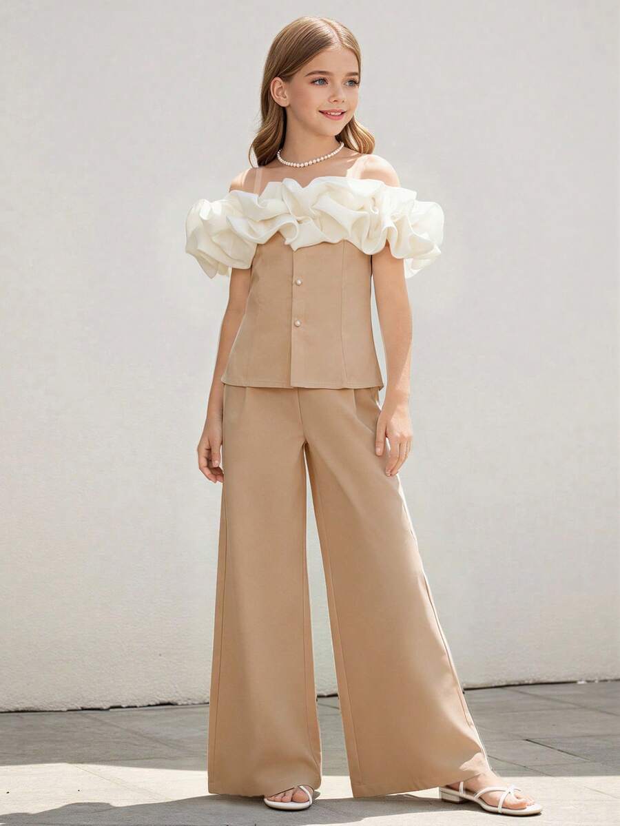 SHEIN Setelan 2 Potong Gaya Korea untuk Remaja Perempuan, Warna Putih, Musim Panas, Cocok untuk Pesta Teh, Celana Panjang Lebar dengan Potongan Mengembang yang Mempertegas Pinggang, Ideal untuk Pertunjukan di Kampus - Khaki - View 1