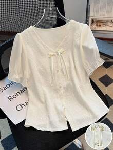 Franclia New Chinese Style Button-Up Chiffon Blouse, Women Short Sleeve V-Neck Jacquard Top, Fitted Shirt - White - View 4