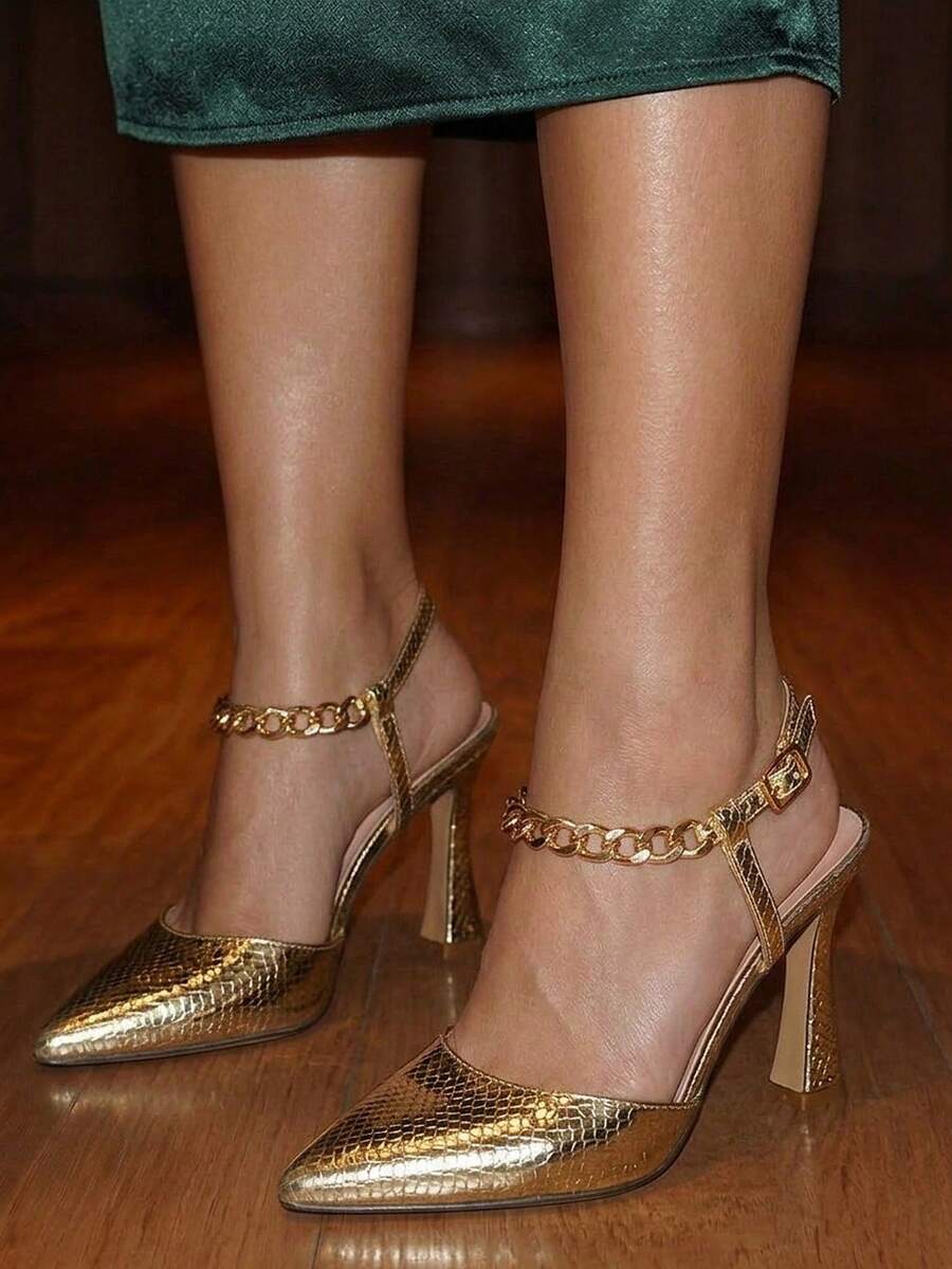 Glitzique 秋冬金色高跟尖头金属链条蛇纹细高跟礼服鞋，优雅派对穆勒凉鞋，女士优雅 - 金色 - 查看 1