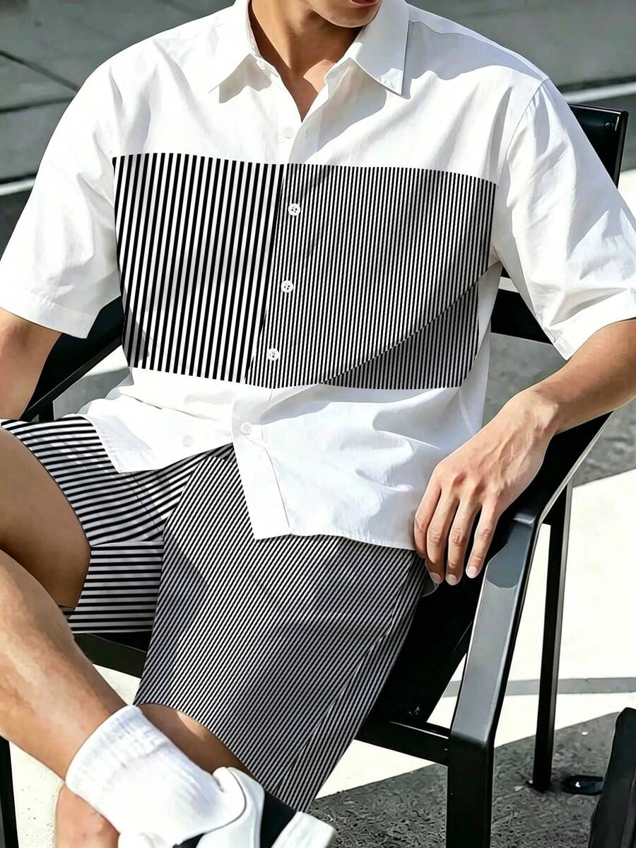 Manfinity Homme 男士时尚百搭条纹单排扣短袖衬衫和休闲短裤套装 - 彩色 - 查看 1
