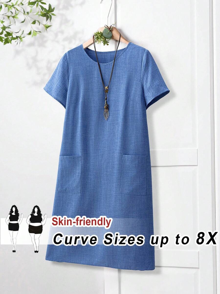 SHEIN CURVE+ Đầm ngắn tay bằng vải lanh màu xanh dương, cổ tròn, hai túi, dáng dài đến đầu gối, cỡ lớn, thích hợp cho mùa xuân và mùa hè. - Màu xanh lam - Xem 1