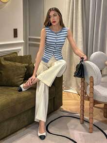 Pariaura French Style Blue And White Stripe Round Neck Knit Fitted Top,Asymmetrical Metal Buckle Hem Slit Front Rib Knit For Summer,Casual,Brunch,Vacation - Dusty Blue - View 4
