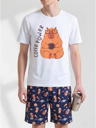 SHEIN 男士极简时尚字母和游戏机印花短袖T恤和短裤睡衣套装（2件套）