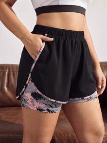 Maweii Short deportivo de 2 en 1 con estampado de camuflaje y short-sudadera talla grande - Negro - Ver 7
