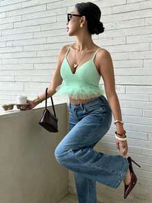 Cévolie Áo camisole nữ màu trơn phối lưới, kiểu dáng thường ngày, đa năng, thích hợp cho buổi hẹn hò hoặc buổi tối. - Màu xanh Bạc hà - Xem 6