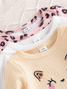 SHEIN Playful Pals 3件套可爱休闲时尚甜美豹纹猫脸图案罗纹针织柔软长袖圆领弹力腰带厚实轻薄上衣衬衫T恤裤子打底裤下装套装日常穿着休闲服派对礼物生日复活节春秋冬夏季 - 杏色 - 查看 8