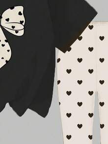 1 Set Young Girls' Casual Comfortable Fashion Cute Heart & Bow Graphic Short Sleeve T-Shirt And Leggings Outfit, Suitable For Spring To Summer Outings - Multicolor - View 5