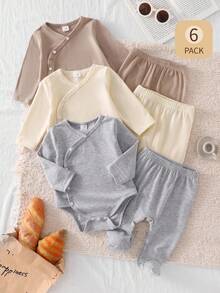 6pcs/Set Newborn Baby Boys/Girls Solid Color Soft Knit Round Neck Long Sleeve Top And Elastic Waist Pants Set, Comfortable Soft Fabric - Multicolor - View 8