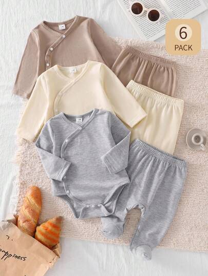 Bộ 6 món cho bé sơ sinh trai/gái, màu trơn, chất liệu mềm mại, cổ tròn, tay dài và quần cạp chun, vải mềm mại thoải mái.