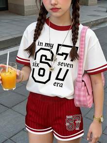 2件套少女“67”字母印花短袖T恤和短裤套装，休闲夏季装，时尚春秋休闲套装，日常休闲，年轻时尚，面料耐穿，版型完美，日常百搭，休闲风格，时尚少女服装，轻盈材质，高品质，两件套 - 彩色 - 查看 1