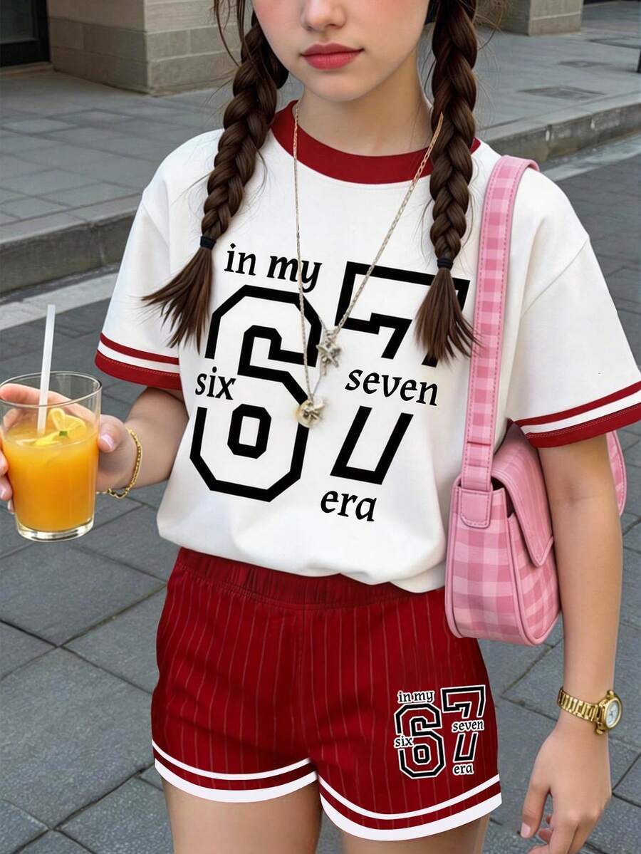 2件套少女“67”字母印花短袖T恤和短裤套装,休闲夏季装,时尚春秋休闲套装,日常休闲,年轻时尚,面料耐穿,版型完美,日常百搭,休闲风格,时尚少女服装,轻盈材质,高品质,两件套 - 彩色 - 查看 1