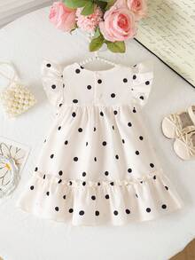 SHEIN Váy bé gái mùa hè họa tiết chấm bi đen trắng + nơ trang trí ngực + tay xòe mềm mại dễ thương - Đen và trắng - Xem 3