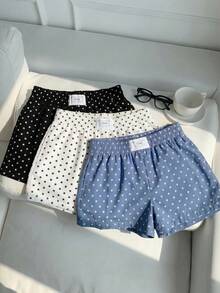 SHEIN EZwear 3件套女士休闲波点短裤，梭织面料，适合日常穿着，波点印花短裤套装，适合日常通勤、约会、派对、秋冬夏、圣诞节、新年、感恩节、聚会、婚礼、海滩、毕业典礼、时尚、优雅、休闲、外出、约会、预订、通勤、闪亮、情人节、优雅、度假、休闲、Y2K、外出、毕业典礼等场合。 - 彩色 - 查看 4