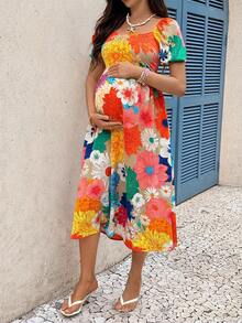 SHEIN Maternity Floral Print Puff Sleeve Casual Maternity Dress For Vacation Photoshoot Summer - Multicolor - View 6