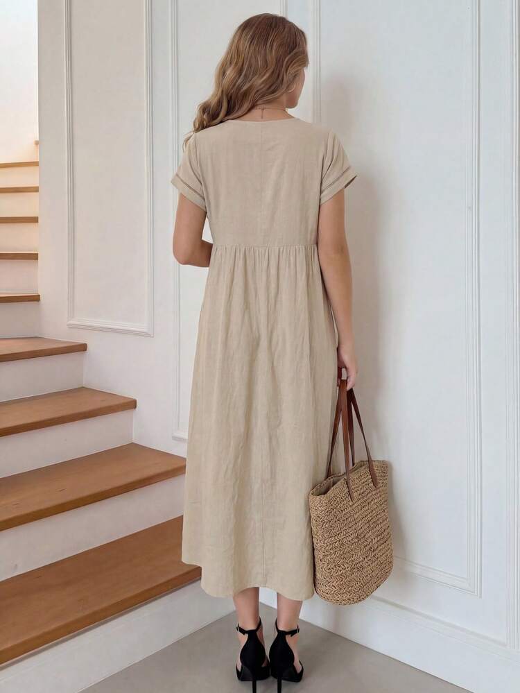 Women's Solid Color Minimalist Short Sleeve Casual Dress,Summer Dresses For Women,Festival Outfits For Women,Mother's Day ,Casual Dresses For Women,Vacation Outfits Women,Brown Dress Long Cotton Dresses For Women Classic Dresses For Ladies Mom Dresses For Women Zanzea Dress For Women,Summer Dress,Going Out Dress,Casual Dress For Women,Khaki Dress
