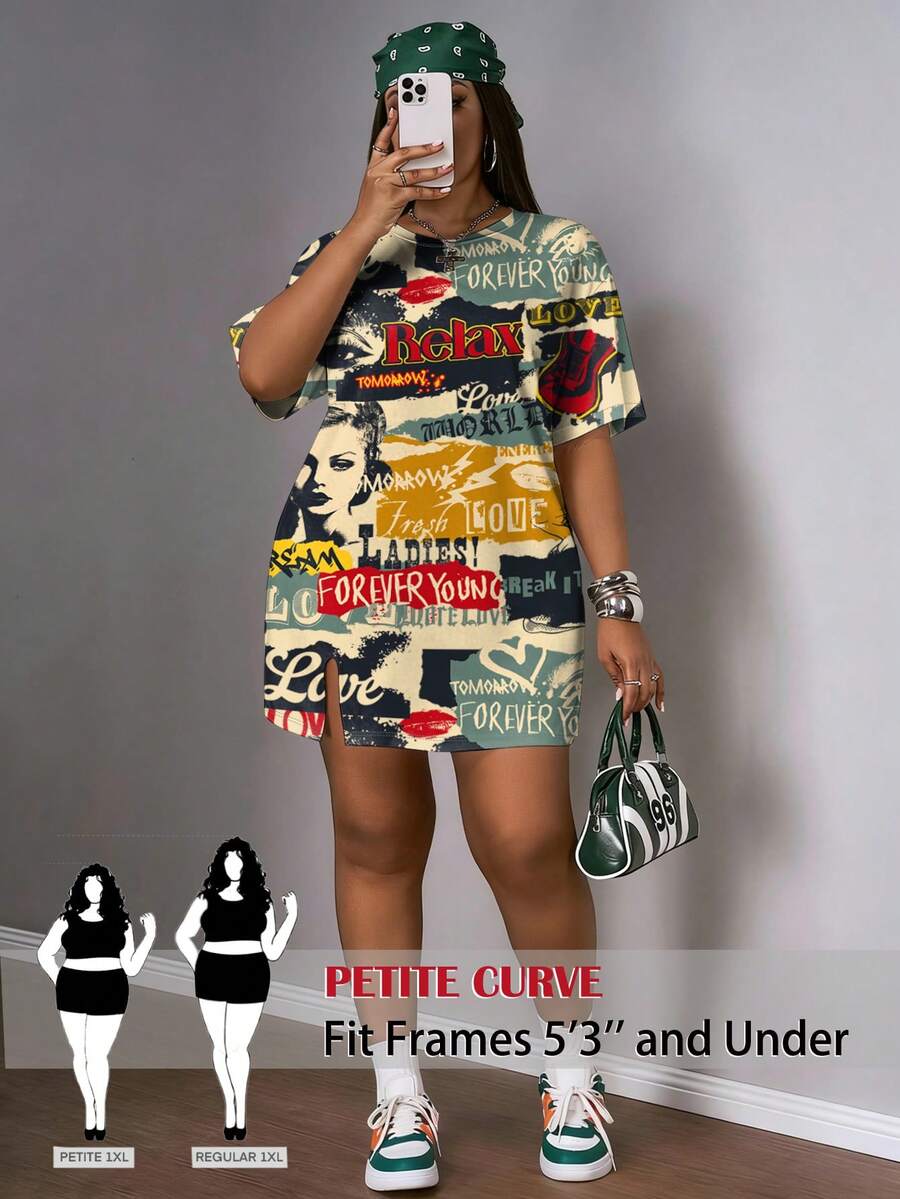 SHEIN PETITE CURVE 大码夏季休闲印花连衣裙 - 彩色 - 查看 1