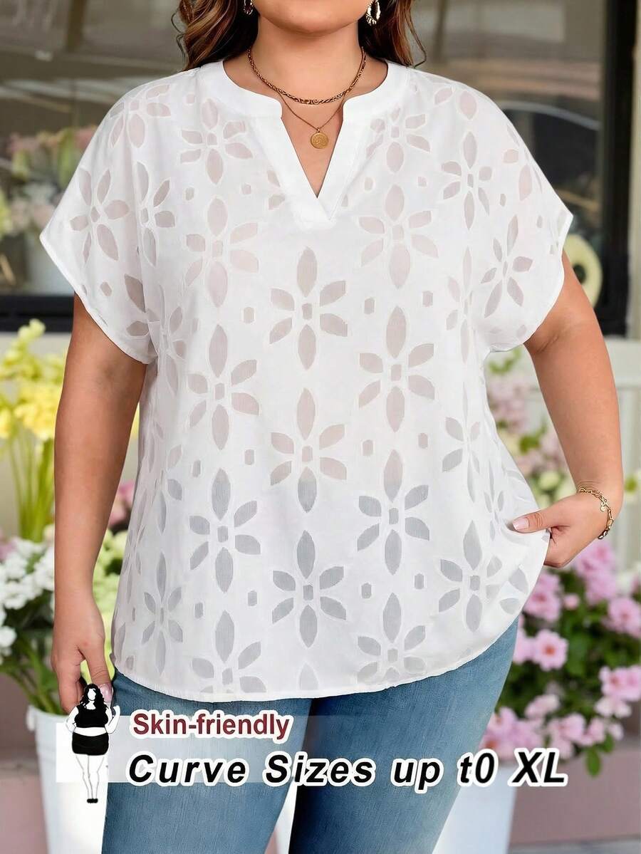 SHEIN CURVE+ 大码女式休闲翻领短袖衬衫 - 白色 - 查看 1