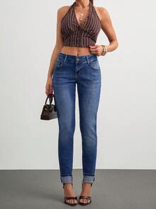 Light Blue Skinny Jeans, Classic Five-Pocket Design, Clean With Very Subtle Fading, Slightly Cropped Length - Medium Wash - View 7