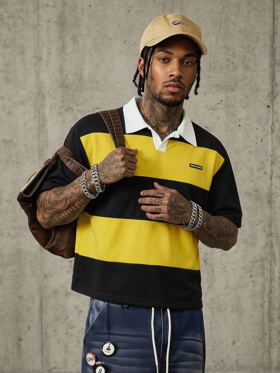 AXEPEAK Kemeja Polo Pria Lengan Pendek Longgar Kasual, Warna Solid dengan Kerah Kontras dan Patchwork, Kemeja Pria Blok Warna Gaya Retro - Kuning - View 1