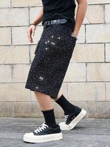 Manfinity Denimwave Men's Fashionable Versatile Rhinestone Embellished Pocket Denim Capri Pants - Black - View 7
