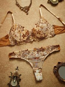 PinupPomp 2pcs/Set Pink Romantic Wire Bra And Pantie Lingerie Set For Women - Champagne - View 3