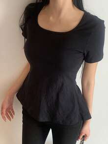 FRIFUL Women's Solid Color Round Neck Short Sleeve Casual T-Shirt With Tie Waist Summer - Black - View 4