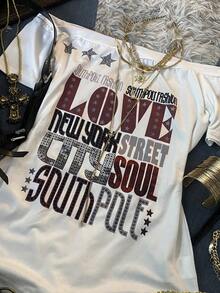 IslaSuriya White,Summer,Streetwear,Rock Concert 2000s Y2K Off-Shoulder Slim-Fit Short-Sleeved T-Shirt,Star Print Casual Retro Style,Parties,Back-To-School - Multicolor - View 5