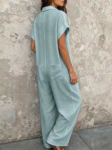 Bộ jumpsuit ống rộng tay ngắn cổ bẻ màu trắng, chất liệu giả vải lanh, phong cách nghỉ dưỡng thoải mái. - Màu xanh bụi bặm - Xem 2