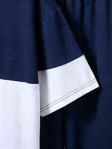 Vacaura 2pcs/Set Teens Boys' Casual Contrast Color Patchwork Letter Print T-Shirt And Sports Pants Set - Navy Blue - View 4