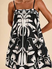 SHEIN TRVLCHIC Loose Fit Printed Sleeveless Vacation Dress For Women, Spring/Summer - Black and White - View 1