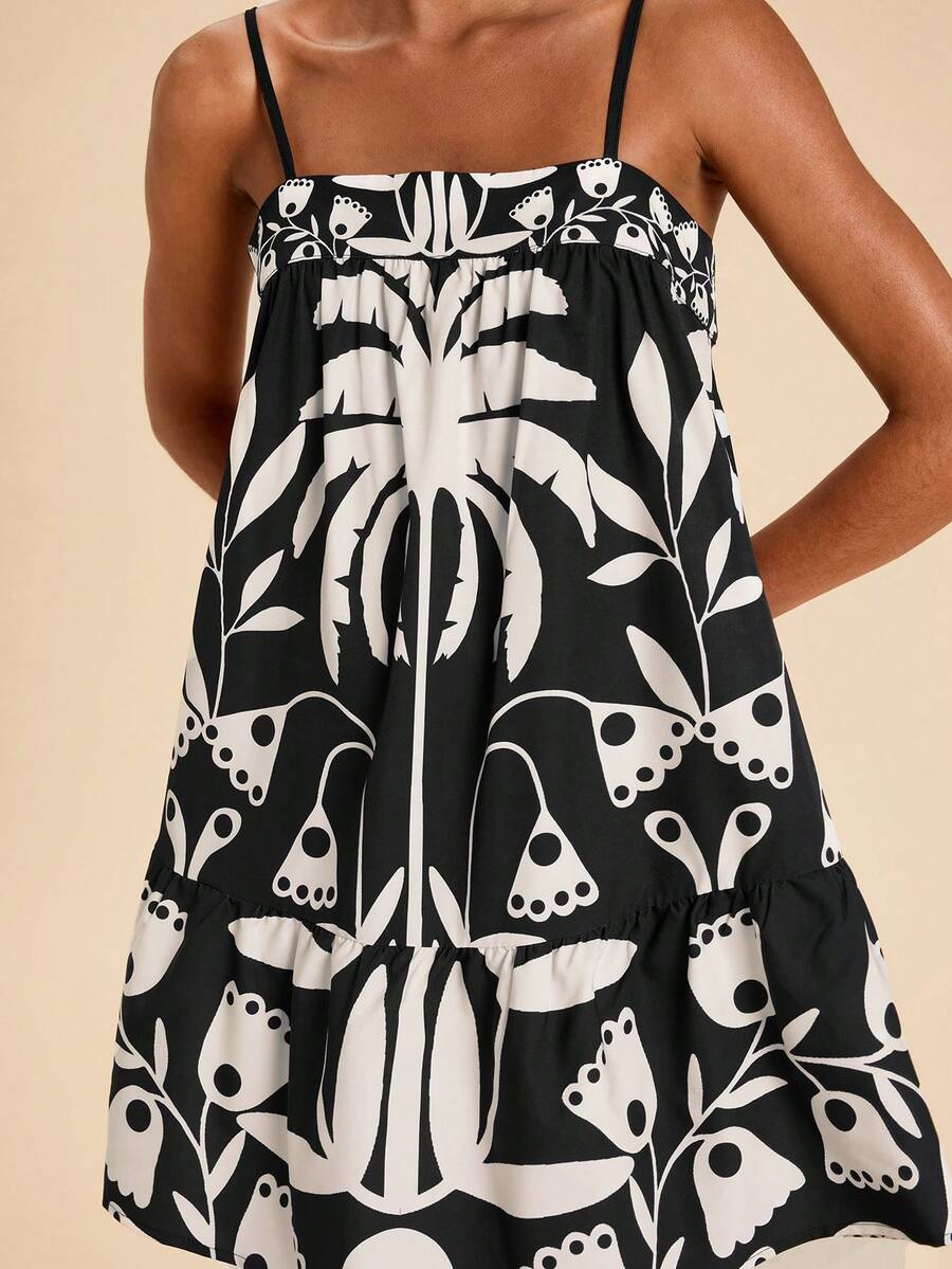SHEIN TRVLCHIC Loose Fit Printed Sleeveless Vacation Dress For Women, Spring/Summer - Black and White - View 1