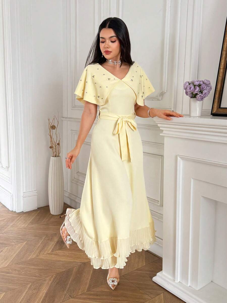 Modelyn Women's Elegant Sexy Party Golf Tea Party Crystal Embellished Mid-Length Dress Wedding Pastal Summer - Yellow - View 1