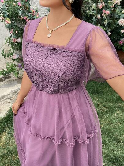Modelyn Plus Size Women's Purple Polka Dot Mesh & Contrast Lace Flare Sleeve Romantic Luxury High-End Dress
