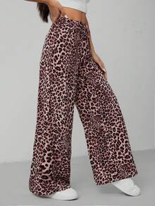 SHEIN PETITE Leopard Print Women's Wide Leg Trousers - Multicolor - View 7