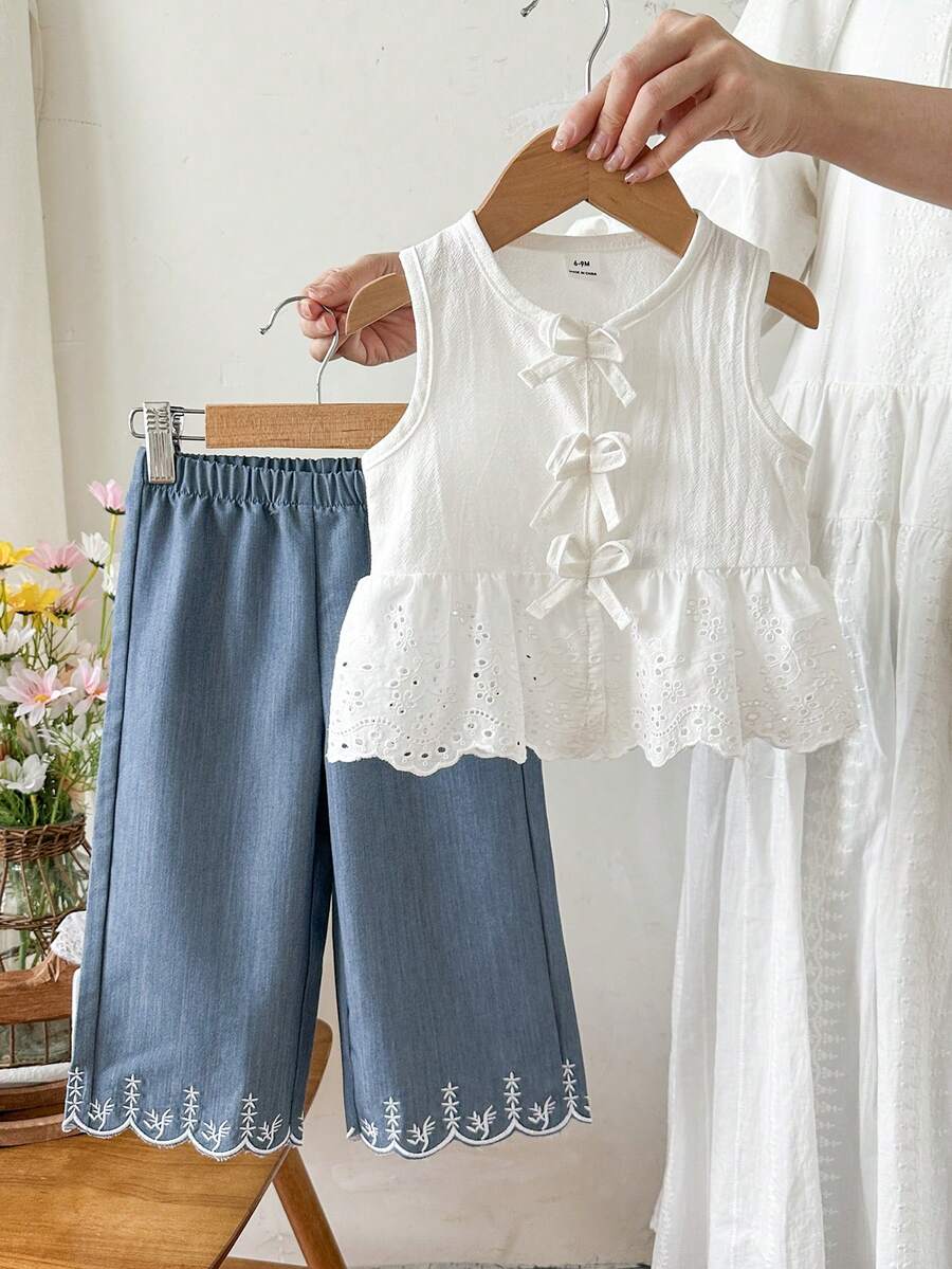 SHEIN 2件套女婴幼儿/新生儿0-3岁春夏休闲甜美日常度假条纹梭织无袖上衣和阔腿裤两件套 - 白色 - 查看 1
