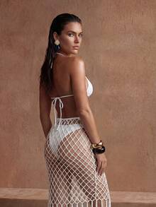 Anewsta Luxury Resort Style Handmade Crochet Halter Fringed Triangle Bra Top & Openwork Split Leg Cover Up Pants - White - View 2