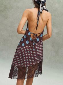 SHEIN BohoFeels Đầm ngắn nữ dệt chấm bi phối mảnh, phong cách thường ngày, thích hợp cho kỳ nghỉ. - màu nâu - Xem 6