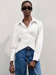 Aveloria Zanirela Solid Criss Cross Wrap Front Shirt Workwear  - White - View 5