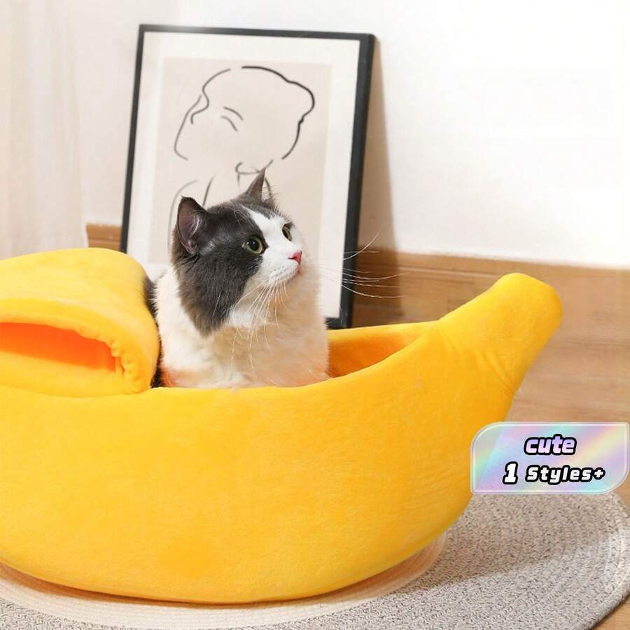 1PC Cute Yellow Banana-Shaped Pet Bed, Semi-Enclosed, Suitable For All Seasons, Perfect For Cats And Dogs. Warm Small Cat And Dog Sleeping Bag. Ideal For Spring And Summer. - Yellow - View 1