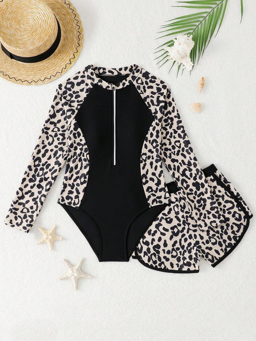 SHEIN Tween Girls Tankini Swimwear,Black Leopard Print Zipper Design Two Pieces Set With One-Piece & Swim Shorts,Summer Casual Beach Vacation Holiday