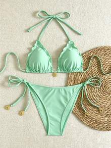 Swim Vcay Conjunto de bikini negro con decoración de sol dorado para vacaciones de verano de mujer, atuendo de playa - verde menta - Ver 6