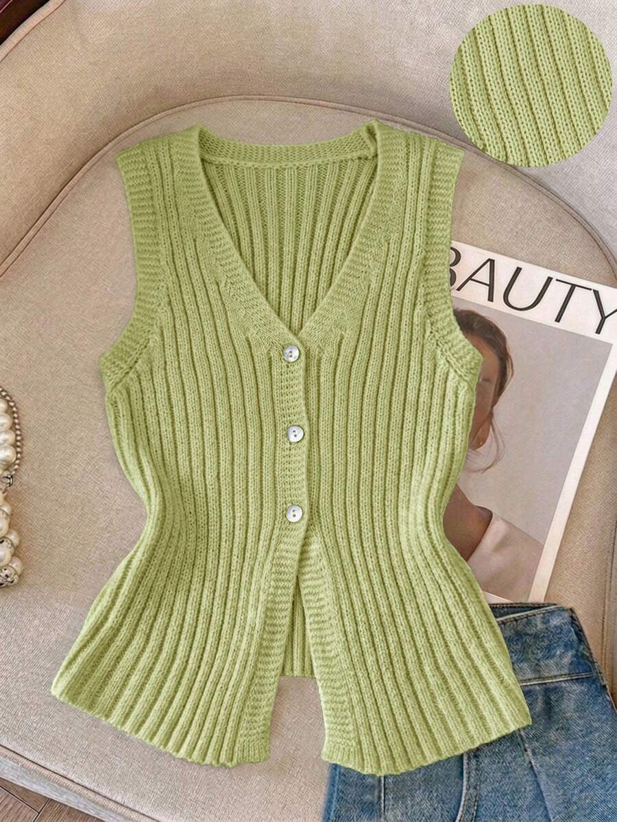 Franclia Chaleco elegante de corte ceñido para mujer, de color amarillo claro, de escote en V, de estilo minimalista y versátil, apropiado para el uso diario - Verde - Ver 1