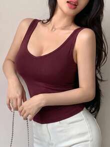 DAZY 女士纯色无袖宽肩带修身休闲背心，夏季穿着 - 酒紅色 - 查看 5