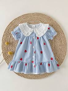 SHEIN Newborn Cute Cartoon Heart Pattern Suspender Bow Decor Princess Dress, Suitable For Spring/Summer Outings, Vacations And Parties - Blue - View 3